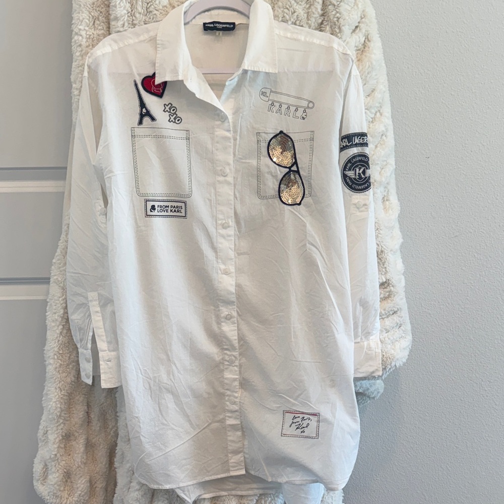 Karl Lagerfeld Paris Embroidered Long White Button-Up Shirt